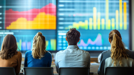 Business team analyzing data trends in a modern conference room