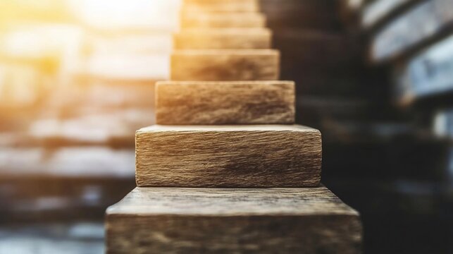 Wooden stairs ascending towards the light symbolizing the journey of business leadership and team strategy to reach new milestones and heights of success  A visual metaphor for progress achievement