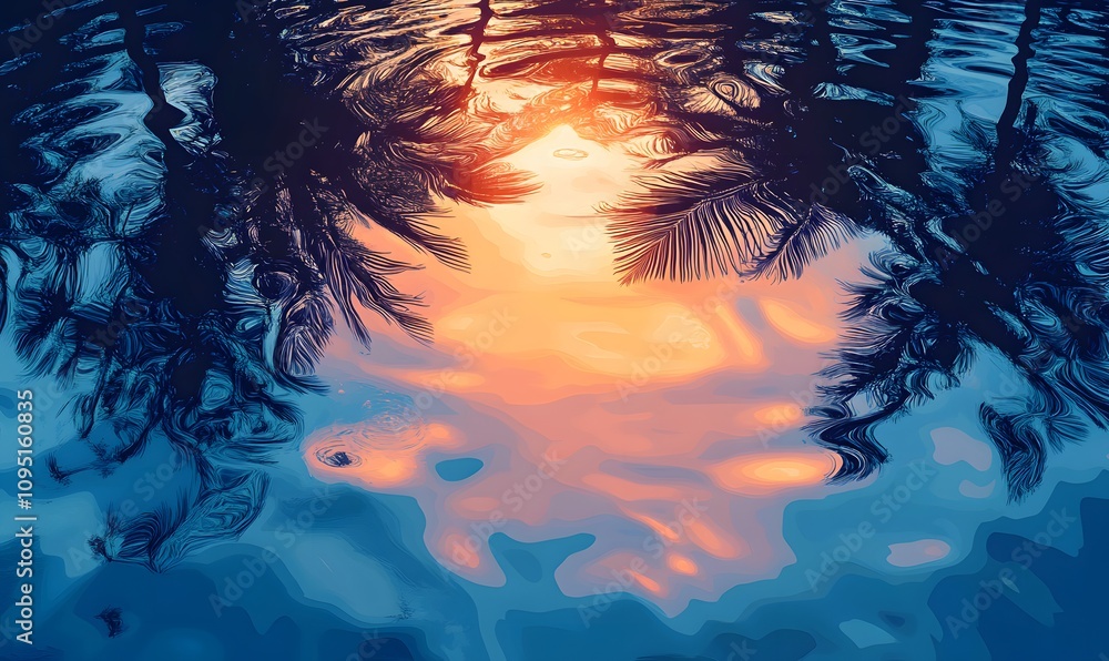 Aufkleber feature an abstract vector illustration where palm tree shadows are reflected in a water-like surfac