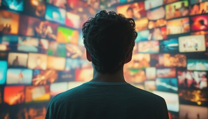 Caucasian Man Observing Animated Stream Of Content In The Metaverse: A Visualization Of Big Data And Online Communities With Videos And Influencers