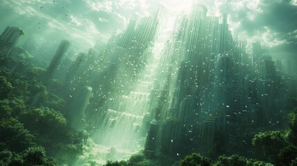 A lush, futuristic cityscape with cascading waterfalls and dense greenery.