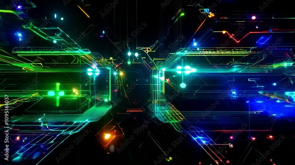 Poster moving lines of force of neural connections and microcircuits. attractive technological background