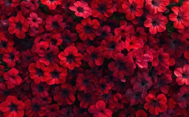 Red petunias and calibrachoa plants growing in a well-maintained flower bed.