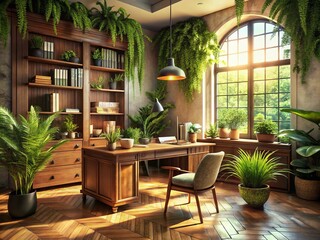 Fototapeta premium Vintage Office Space Adorned with Lush Green Plants, Retro Decor, and Warm Lighting for a Cozy Work Environment