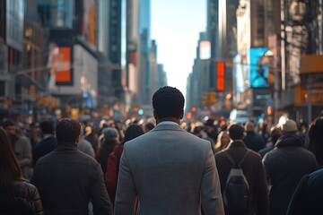 NYC Rush Hour Dark-haired Man in Suit, Textured Fabric, Back View