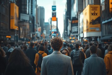 NYC Rush Hour Man in Suit, Sunlit Street Perspective
