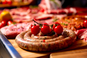 Sausages with tomatoes on them and raw pork along with vegetables for decor. Organic meat industry showcase marketing.