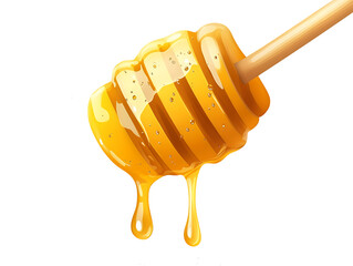 Golden Honey Dripping From A Wooden Honey Dipper on a white and transparent background.
