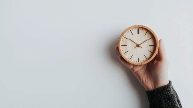 Top-down view of a hand holding a minimalist wall clock on a white background.