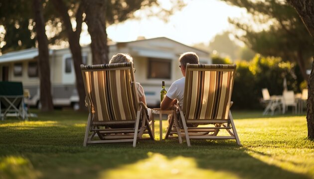 Elderly Couple Enjoying A Leisurely Afternoon On The Deck Of Their Mobile Home, Sipping Wine And Soaking In The Sun.