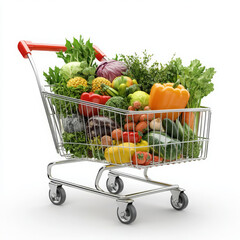 A shopping cart filled with large vegetables and fresh greens, ready for a healthy grocery shopping experience.