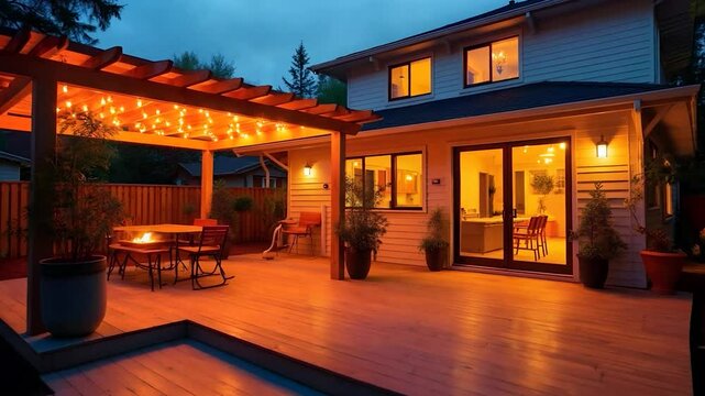 Backyard Patio at Night, Pergola with Lights, Deck, Outdoor Seating Area, Fire Pit, House Exterior
