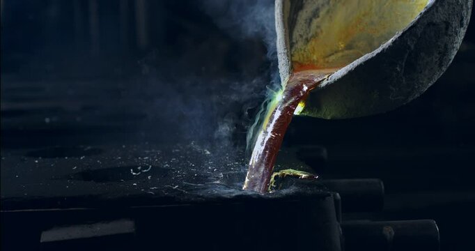 Super slow motion macro of brass melting in foundry at 1000 fps. Raw metal is heated in furnace until molten, then kept at  stable temperature for pouring
