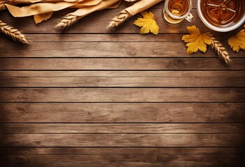 A wooden background with traditional German beer mugs and pretzels