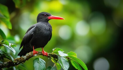 Black Inca Tern With Red Bill: A Stunning Bird In Peru'S Coastal Forest Habitat, Captured In Its Natural Wildlife Scene.