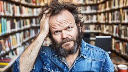 Bearded Man in Blue Shirt Looking at Camera in Library