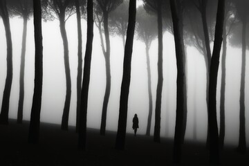 Obraz premium Woman walking through a foggy forest her figure barely visible among the trees.