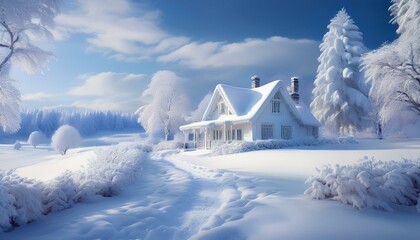 cold frozen winter forest with white house