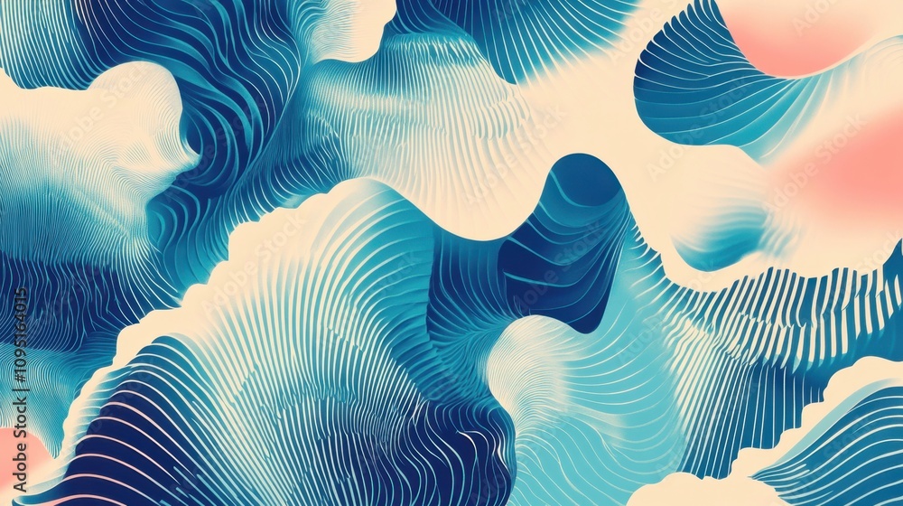 Poster abstract waves in blue and peach tones creating a dynamic fluid background for modern design, art, a