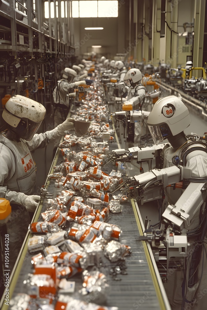 Poster robots and workers collaborate on a production line, assembling packaged products.