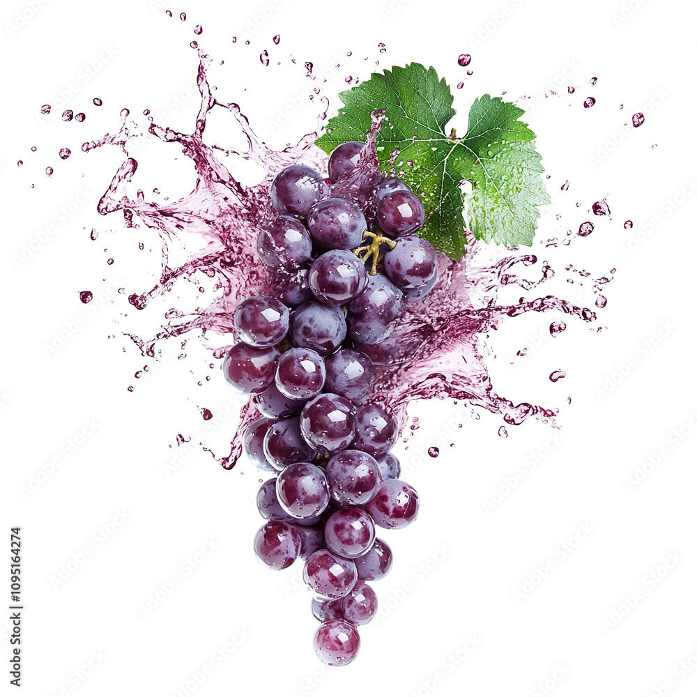 Poster cluster of fresh grapes splashing in red wine, isolated on transparent cutout background