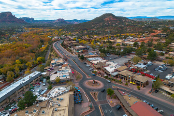 Aerial Views of Downtown Sedona, Arizona, America, USA.