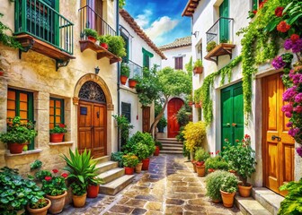 Naklejka premium Vintage Style Photography of a Cozy South European Street with White Walls, Colorful Doors, and Abundant Plants Inviting a Warm, Quaint Atmosphere for Travel Lovers