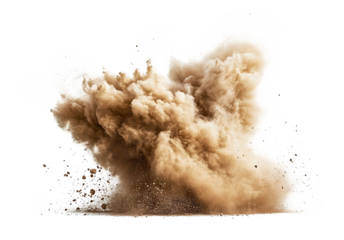 Dynamic dust explosion with flying particles, isolated on transparent cutout background
