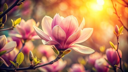 Fototapeta premium Vintage Style Photography of a Delicate Pink Magnolia Flower on a Soft Background with Elegant Details and Gentle Lighting for Nature and Floral Enthusiasts