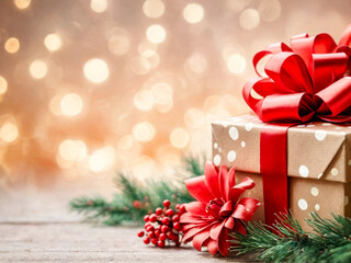 Christmas Gift Box with Red Bow and Festive Decorations