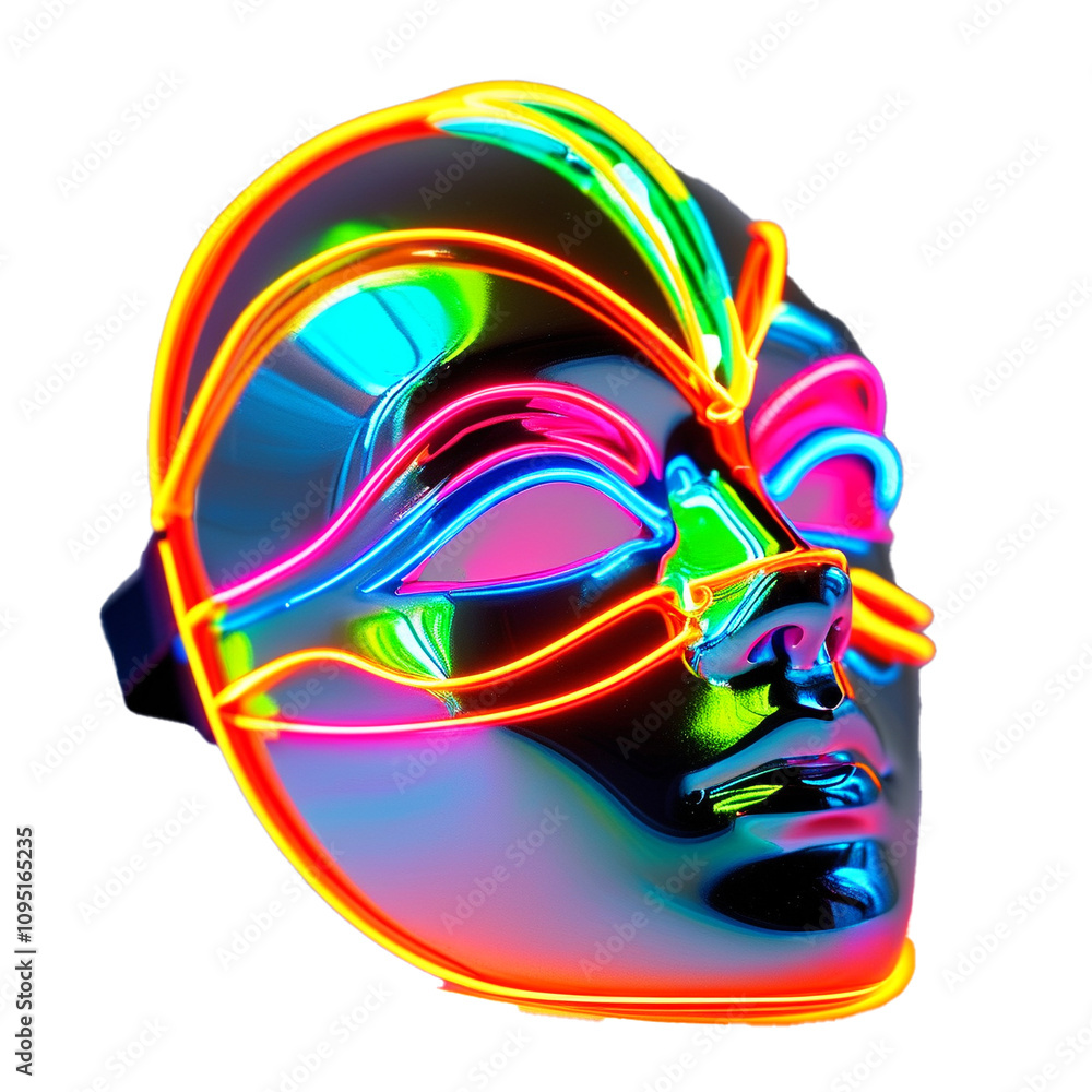 Poster neon mask design with vibrant colors illuminating the artistic expression of identity