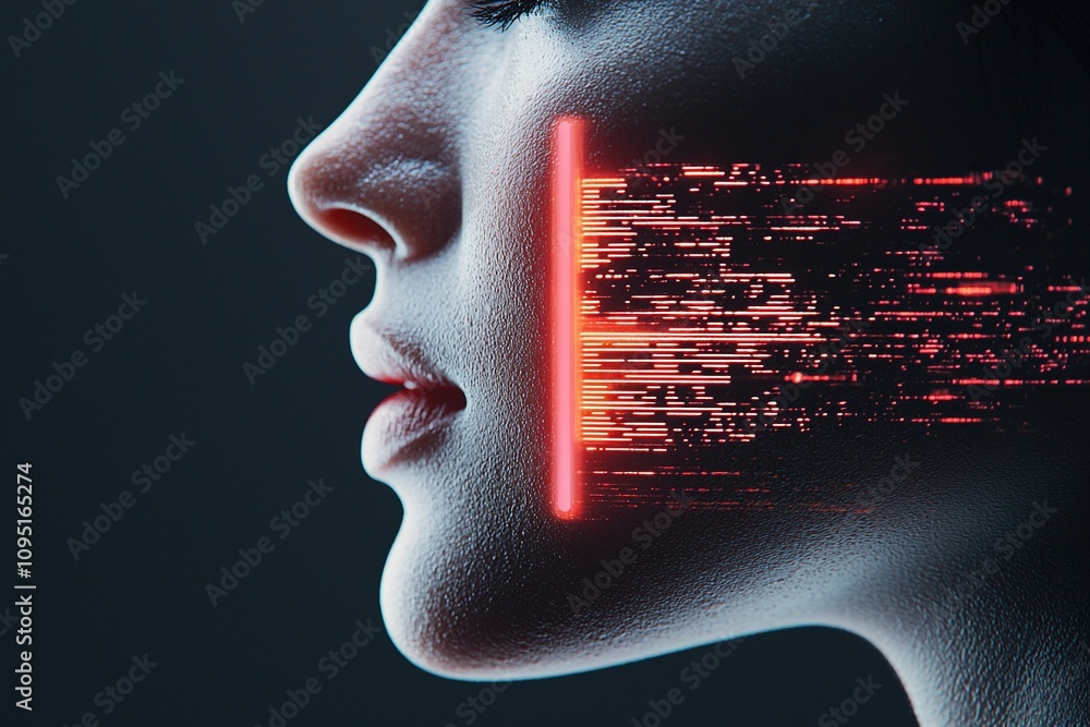 Poster biometric sensor patch and digital transformation for futuristic facial identity and expression.