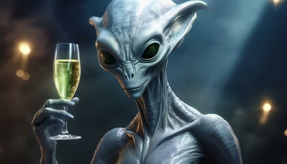 Naklejka premium an alien with a glass of champagne