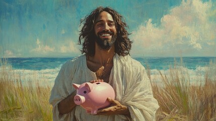 Joyful Man Holding Pink Piggy Bank Near Ocean Under Blue Sky, Representing Saving Money, Happiness, Prosperity, and Abundance in Nature's Beauty