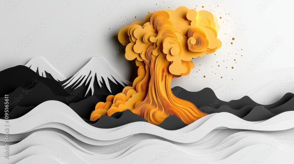 Aufkleber abstract depiction of a colorful explosion with waves and mountains in a stylized paper cut-out desi