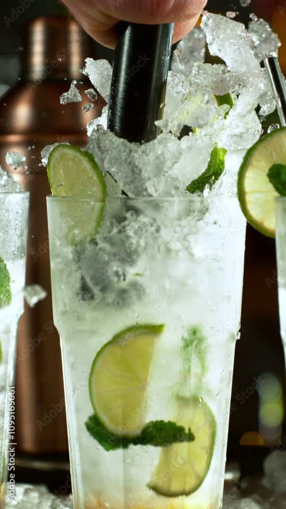 Aufkleber Super slow motion of preparing mojito drinks with speed motion. Filmed on high speed cinema camera, 1000 fps, placed on high speed cine bot. Bar with bottles on background. Vertical Aspect Ratio.