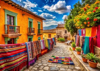 Obraz premium Vintage Style Photography of a Mexican Landscape with Colorful Traditional Textiles and Rustic Architecture Emphasizing the Cultural Richness and Heritage of Mexico