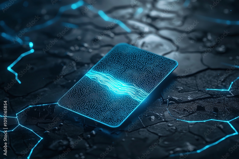 Poster biometric sensor patch technology device with futuristic glowing digital graphics.