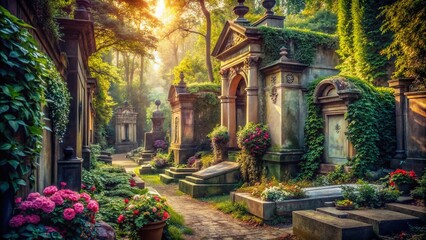 Fototapeta premium Vintage Style Photography of an Enigmatic Garden of Tombs Surrounded by Ancient Statues and Lush Greenery Evoking a Sense of History and Tranquility in Nature’s Embrace
