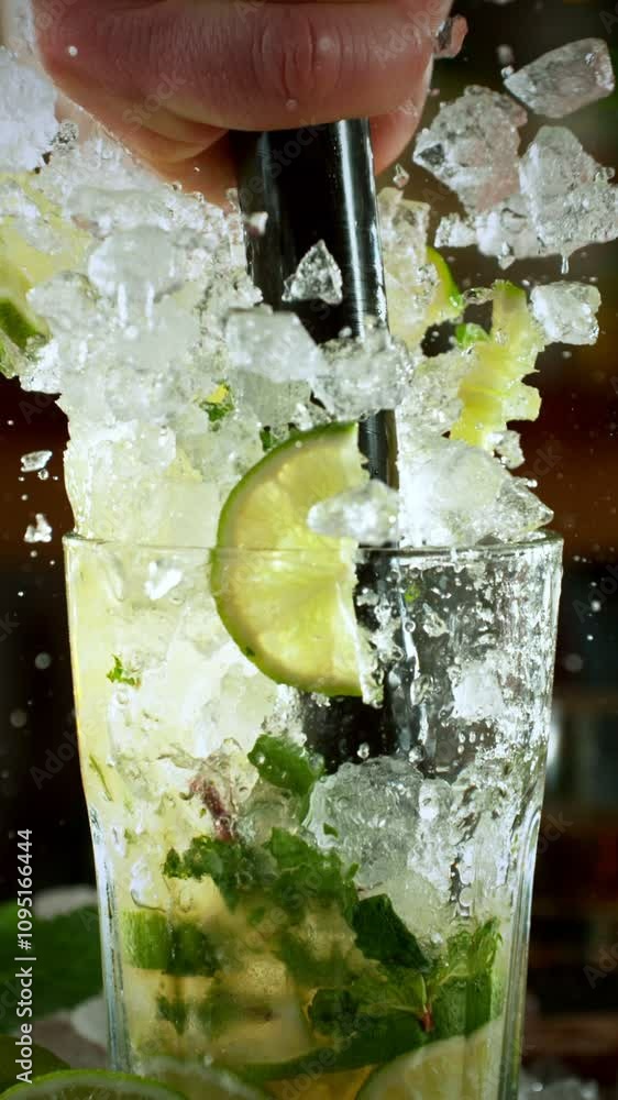 Aufkleber super slow motion of preparing mojito drinks with speed motion. filmed on high speed cinema camera, 