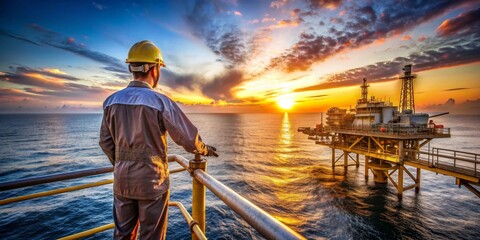 Fototapeta premium Oil Rig Worker Silhouetted Against a Dramatic Sunset Over the Ocean