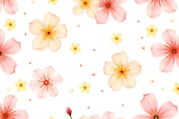 Obraz premium Bright, seamless cherry blossom pattern with pink and yellow flowers on a white background, conveying a spring and floral theme