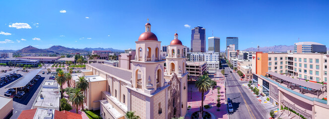 Tucson Arizona, USA: The old St. Augustine Cathedral in visual contrast against the corporate...