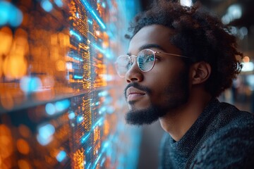 Cloud engineer managing cloud infrastructure, with digital screens,