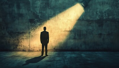 Obraz premium Successful Employee: Businessman Standing Under The Light Of A Flashlight In Contemporary Art Collage, Symbolizing Leadership, Career Growth, And Motivation.