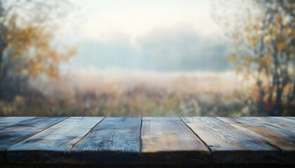 Fototapeta premium Wood Tabletop Set Against A Blurred Natural Background - Ideal For Montages Or Showcasing Your Products
