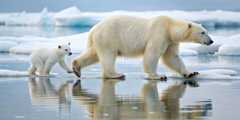 Polar Bear and Cub Walking on Melting Ice in the Arctic