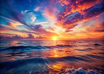 Vintage Style Photography of a Stunning Pink, Blue, and Orange Sunset Over a Rippling Ocean, Capturing the Tranquil Beauty of Nature in Warm Hues and Soft Textures