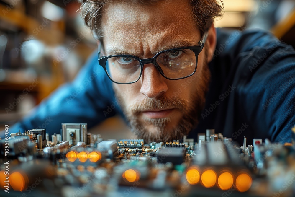 Poster Computer engineer with hardware components,