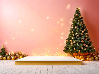 Festive Christmas Product Display with Pink Background and Gold Ornaments